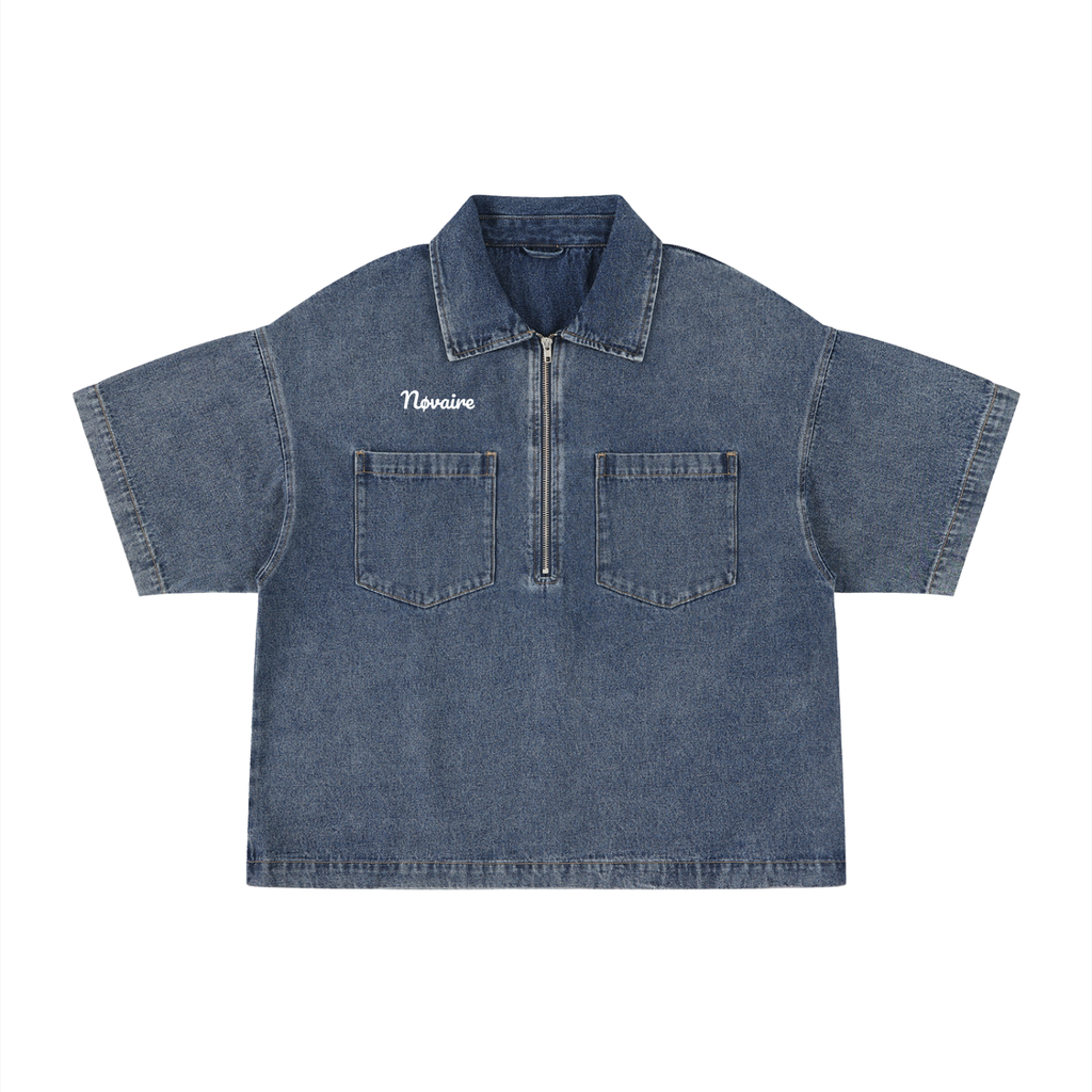 Unisex Vintage Wash Boxy Quarter-Zip Denim Shirt