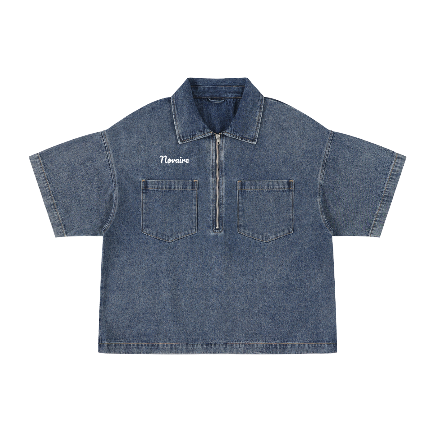 Unisex Vintage Wash Boxy Quarter-Zip Denim Shirt